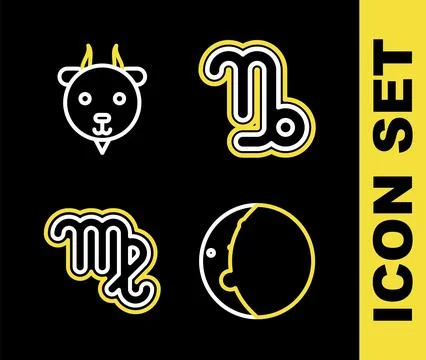 Set line Capricorn zodiac, Eclipse of the sun, Virgo and Aries icon. Vector Illustrazione stock
