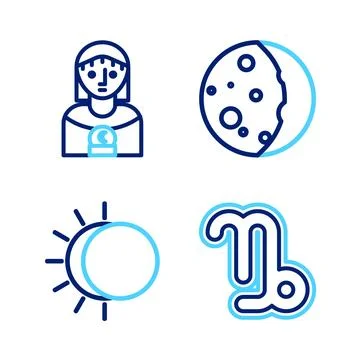 Set line Capricorn zodiac, Eclipse of the sun, and Astrology woman icon. Vector Stock Illustration