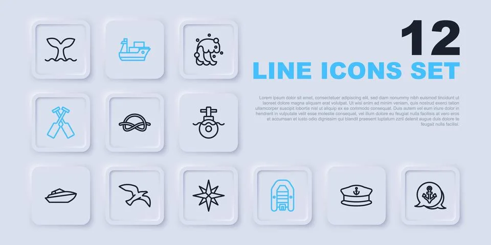 Set line Captain hat, Anchor, Nautical rope knots, Inflatable boat with mot.. Stock Illustration