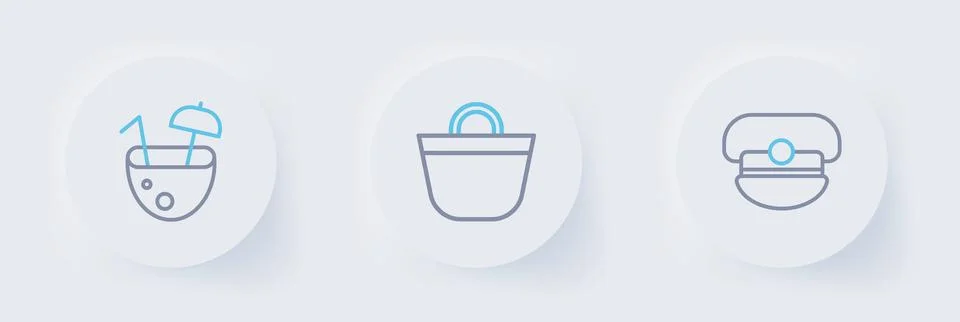 Set line Captain hat, Beach bag and Coconut cocktail icon. Vector Stock Illustration
