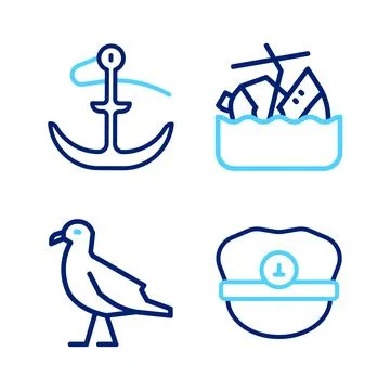 Set line Captain hat, Bird seagull, Sinking cruise ship and Anchor icon. Vect Stock Illustration