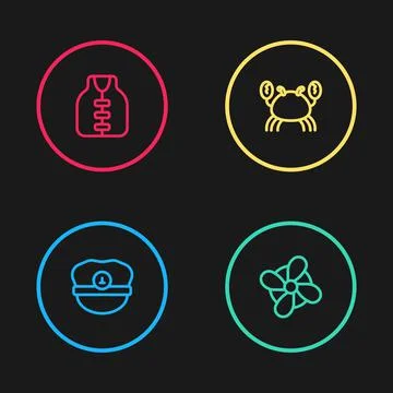 Set line Captain hat, Boat propeller, Crab and Life jacket icon. Vector Stockillustratie