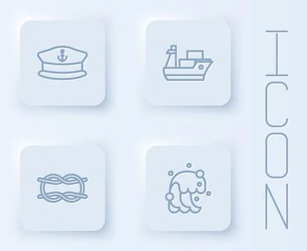 Set line Captain hat, Cargo ship, Nautical rope knots and Tsunami. White square Stock Illustration
