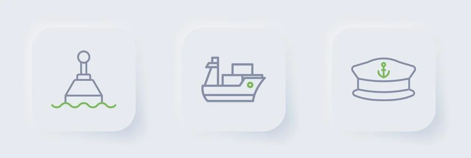 Set line Captain hat, Cargo ship and Floating buoy icon. Vector 库存插图