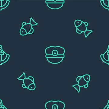 Set line Captain hat, Fish and Anchor on seamless pattern. Vector Ilustración de archivo