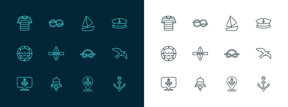 Set line Captain hat, Ship bell, Nautical rope knots, Location with anchor,.. Stock Illustration