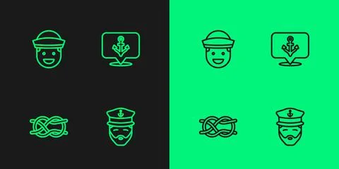 Set line Captain of ship, Nautical rope knots, Sailor and Anchor icon. Vector 스톡 일러스트