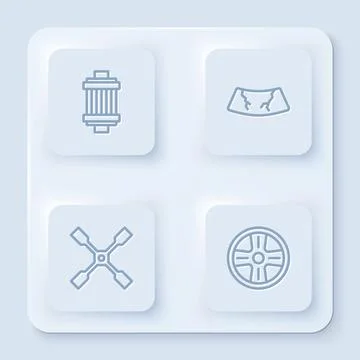 Set line Car air filter, Broken windshield, Wheel wrench and Alloy wheel. White Stock Illustration