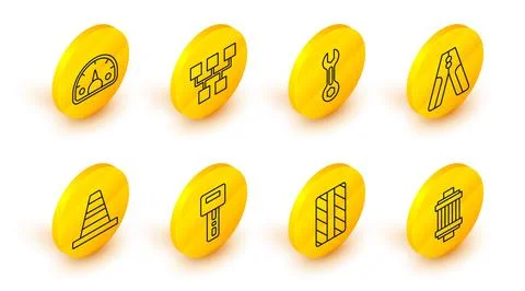 Set line Car air filter tire wheel key with remote Traffic cone battery jumpe Stock Illustration