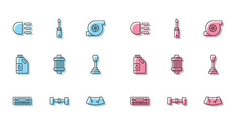 Set line Car Audio, Chassis car, High beam, Broken windshield, air filter, Gear Stock Illustration
