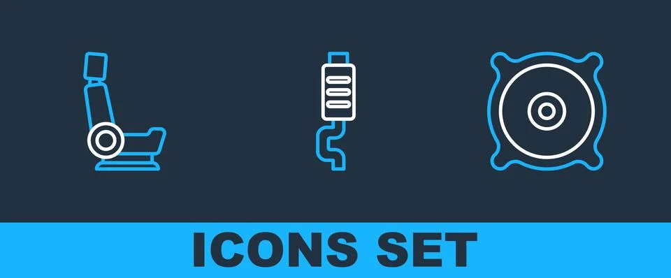 Set line Car audio speaker, seat and muffler icon. Vector Stock Illustration