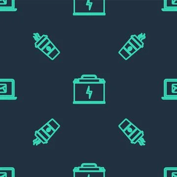 Set line Car battery, Coffee cup and Laptop with envelope on seamless pattern Stock Illustration