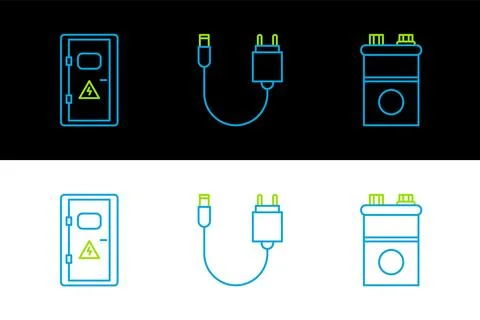 Set line Car battery, Electrical cabinet and Charger icon. Vector Illustrazione stock