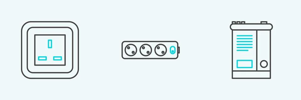Set line Car battery, Electrical outlet and extension cord icon. Vector Stock Illustration