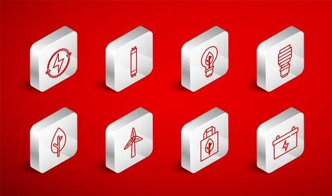 Set line Car battery, Fluorescent lamp, Light bulb with leaf, LED light, Sh.. Stock Illustration
