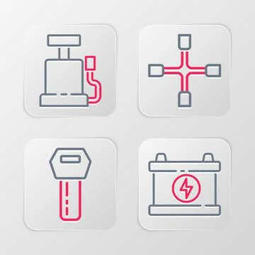 Set line Car battery, key with remote, Wheel wrench and air pump icon. Vector Stock Illustration