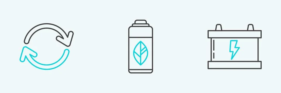 Set line Car battery, Refresh and Recycling plastic bottle icon. Vector Stock Illustration