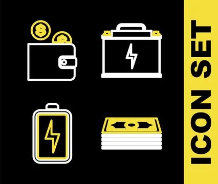 Set line Car battery, Stacks paper money cash, Battery and Wallet with coin.. イラスト素材