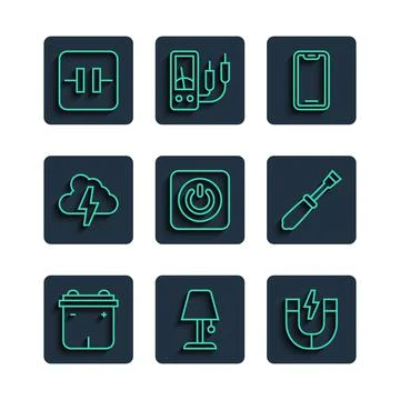 Set line Car battery, Table lamp, Magnet, Mobile phone, Power button, Cloud a Stock Illustration