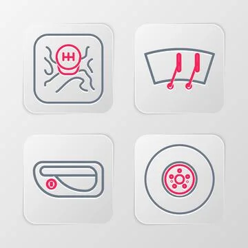 Set line Car brake disk, door handle, Windscreen wiper and Gear shifter icon Illustration