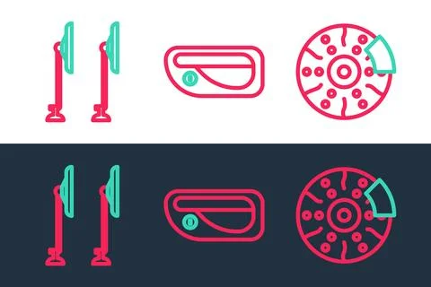 Set line Car brake disk with caliper, Windscreen wiper and door handle icon Illustration
