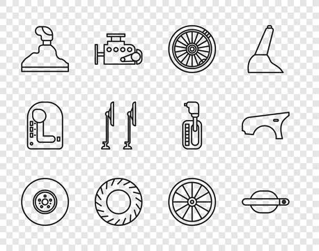 Set line Car brake disk, door handle, wheel, tire, Gear shifter, Windscreen.. Illustration