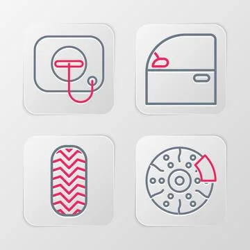 Set line Car brake disk with caliper, tire, door and Oil filler cap at gas .. Stock Illustration