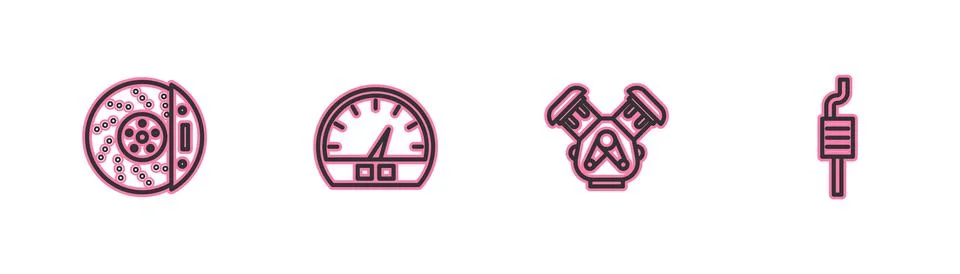 Set line Car brake disk with caliper, engine, Speedometer and muffler icon. V 스톡 일러스트
