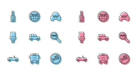 Set line Car, Bus, key with remote, No Smoking, Magnifying glass and taxi c.. Stock-Illustration