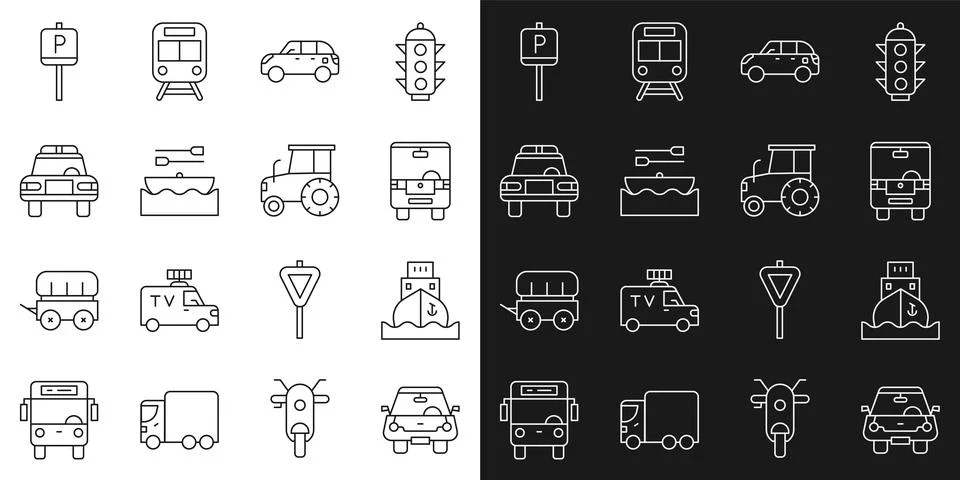 Set line Car, Cargo ship, Bus, Hatchback car, Boat with oars, Police and flasher Stock Illustration