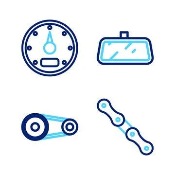 Set line Car chain, Timing belt kit, mirror and Speedometer icon. Vector Stock Illustration