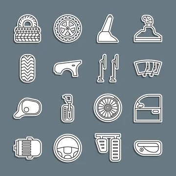 Set line Car door handle, Windscreen wiper, handbrake, fender, tire, and icon Illustration
