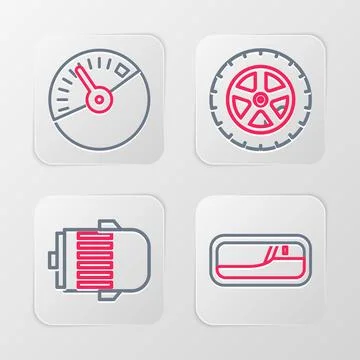 Set line Car door handle, Electric engine, wheel and Speedometer icon. Vector Illustration