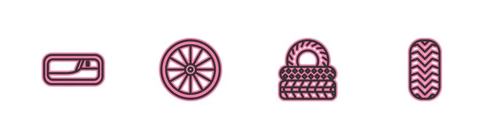Set line Car door handle, tire, wheel and icon. Vector Illustration