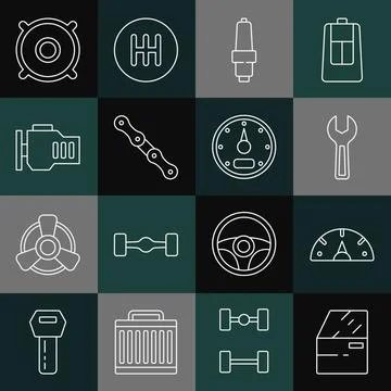 Set line Car door, Speedometer, Wrench spanner, spark plug, chain, Check engine Stock Illustration