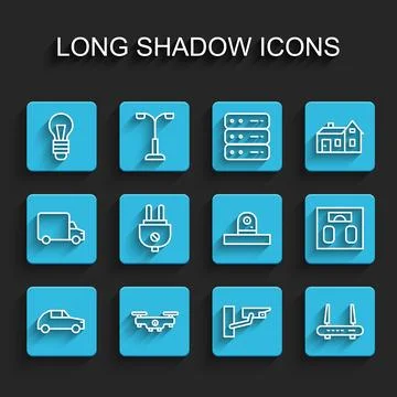 Set line Car, Drone flying, Light bulb, Security camera, Router and wi-fi s.. Stock Illustration