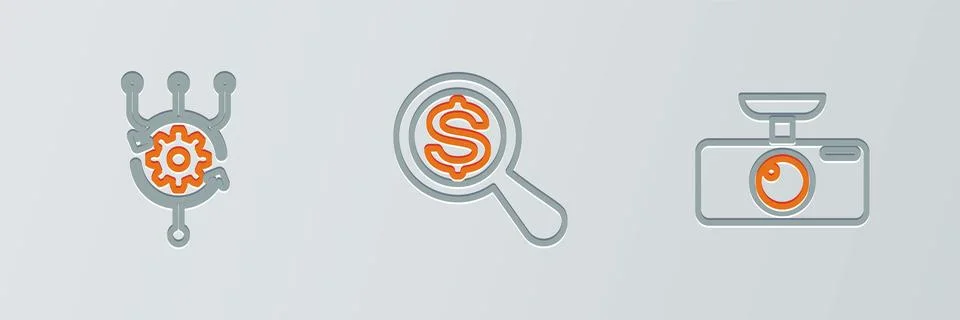 Set line Car DVR, Algorithm and Magnifying glass and dollar icon. Vector Illustrazione stock