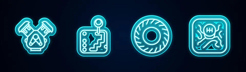 Set line Car engine, Gear shifter, tire and . Glowing neon icon. Vector Illustration