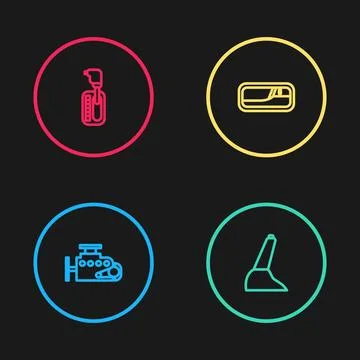Set line Car engine, handbrake, door handle and Gear shifter icon. Vector Stock Illustration