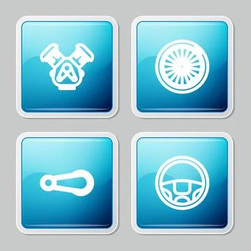Set line Car engine, wheel, door handle and Steering icon. Vector Illustration