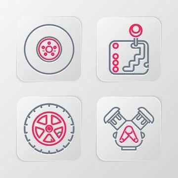 Set line Car engine, wheel, Gear shifter and brake disk icon. Vector Illustrazione stock
