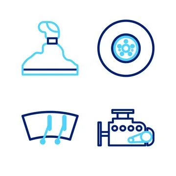 Set line Car engine, Windscreen wiper, brake disk and Gear shifter icon. Vect Stock Illustration