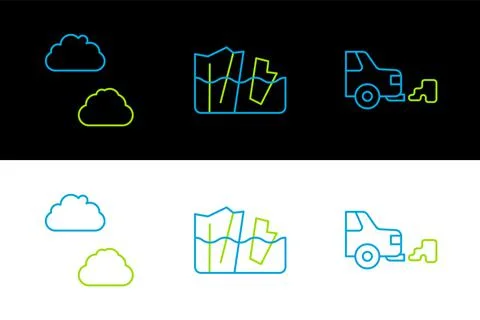 Set line Car exhaust, Cloud and Glacier melting icon. Vector Stock Illustration