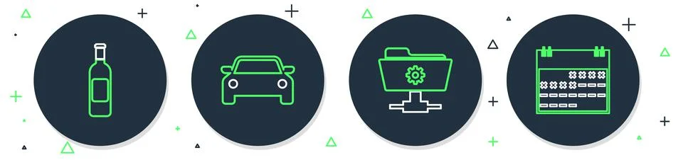 Set line Car, FTP settings folder, Bottle of wine and Calendar icon. Vector Illustrazione stock