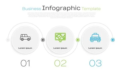 Set line Car, Gps device with map and Taxi car. Business infographic templa.. Stock Illustration