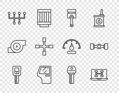 Set line Car key with remote, Diagnostics condition of car, Engine piston, door Illustrazione stock