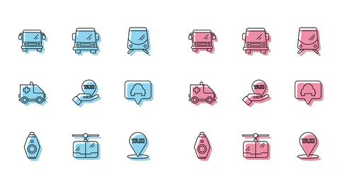 Set line Car key with remote, Cable car, Bus, Map pointer taxi, Hand on map Stock-Illustration