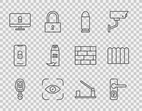 Set line Car key with remote, Door handle, Bullet, Eye scan, Lock on computer Illustration