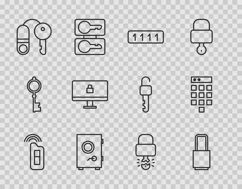 Set line Car key with remote, Lock, Password protection, Safe, House, computer Stock Illustration