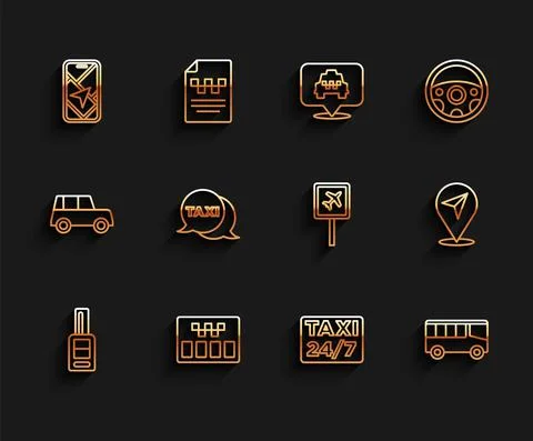Set line Car key with remote, Taximeter, City map navigation, Location taxi, Bus Stock-Illustration